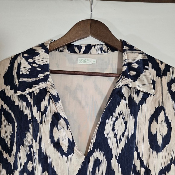 Spartina 449 Silk Maxi Dress Ikat Print Sleeveless V-Neck Beige Navy XXL - Picture 2 of 12